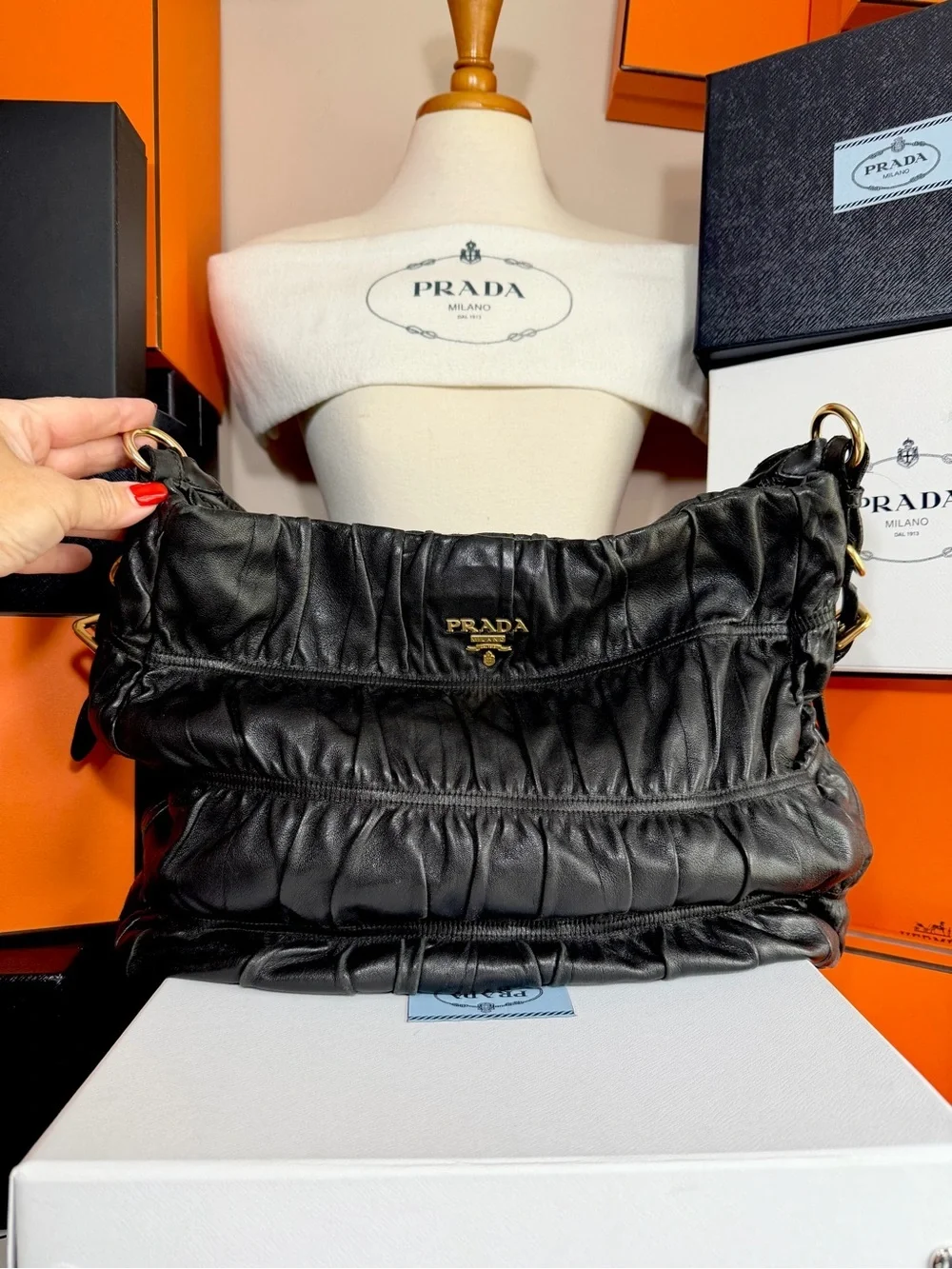 Prada 🌟 Black Runched Leather Shoulder Bag with Gold ! Offers always welcome!